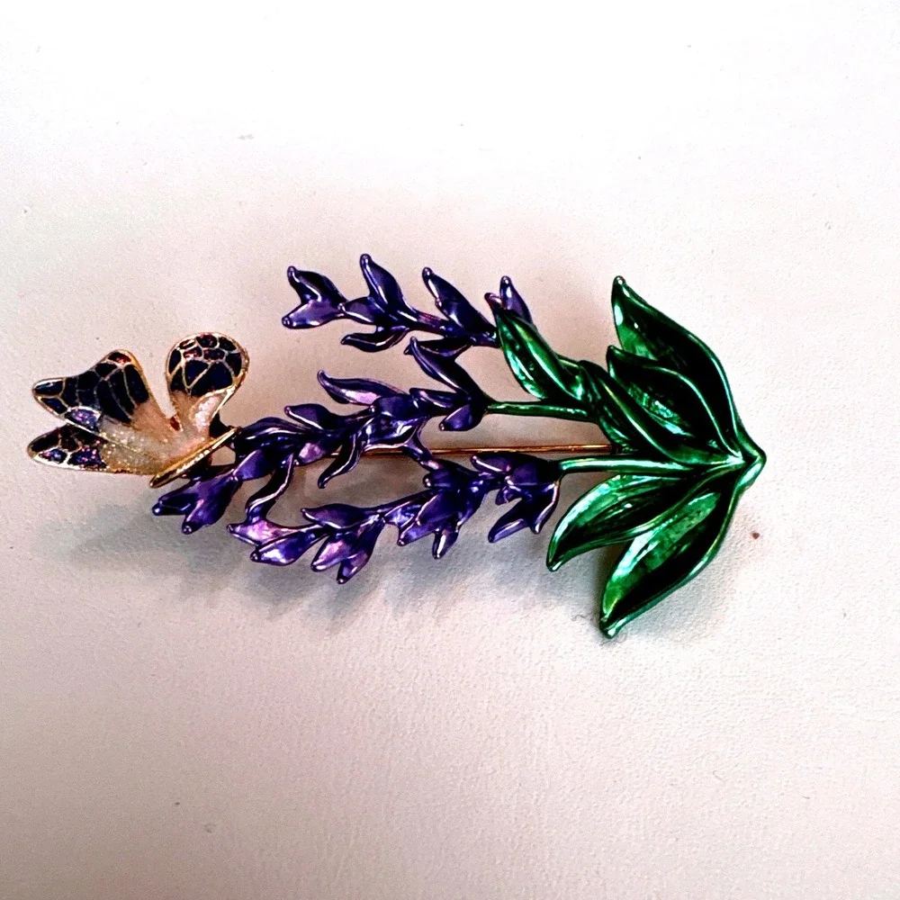 Lavender Flower Enamel Brooch Butterfly Purple Floral Pin‎ Gold Vintage Style